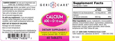 Photo of the Geri-Care Calcium 600 + D 10 mcg label