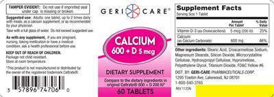 Photo of the Geri-Care Calcium 600 + D 5 mcg label