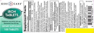 Photo of the Geri-Care Iron Tablets 65 mg label