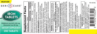 Photo of the Geri-Care Iron Tablets 65 mg label