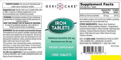 Photo of the Geri-Care Iron Tablets 65 mg label