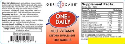 Photo of the Geri-Care One-Daily Multi-Vitamin label