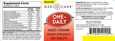 Photo of the Geri-Care One-Daily Multi-Vitamin label