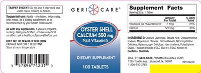 Photo of the Geri-Care Oyster Shell Calcium 500 mg plus Vitamin D label