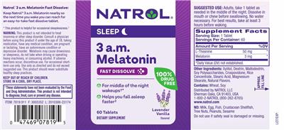 Photo of the Natrol 3 a.m. Melatonin Fast Dissolve Lavender Vanilla label
