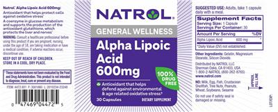 Photo of the Natrol Alpha Lipoic Acid 600 mg label