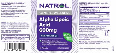 Photo of the Natrol Alpha Lipoic Acid 600 mg Time Release label