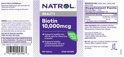 Photo of the Natrol Biotin 10,000 mcg label