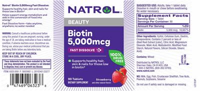 Product label for Biotin 5,000 mcg Fast Dissolve Strawberry