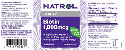 Photo of the Natrol Biotin 1,000 mcg label