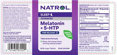 Photo of the Natrol Melatonin + 5-HTP Advanced Time Release label