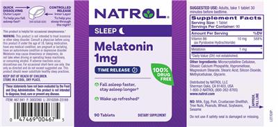 Photo of the Natrol Melatonin 1 mg Time Release label
