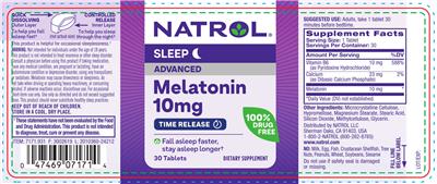 Photo of the Natrol Melatonin Advanced 10 mg Time Release label