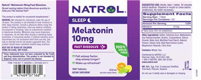 Photo of the Natrol Melatonin 10 mg Fast Dissolve Citrus label