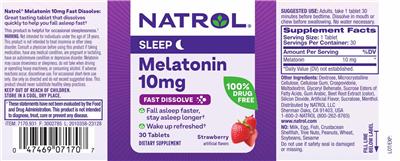 Photo of the Natrol Melatonin 10 mg Fast Dissolve Strawberry label