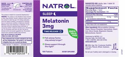 Photo of the Natrol Melatonin 3 mg Time Release label