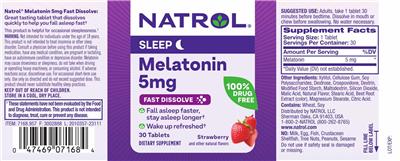 Photo of the Natrol Melatonin 5 mg Fast Dissolve Strawberry label