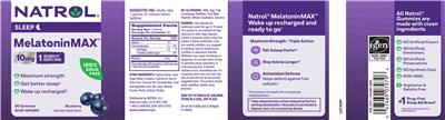 Photo of the Natrol MelatoninMax 10 mg Blueberry label