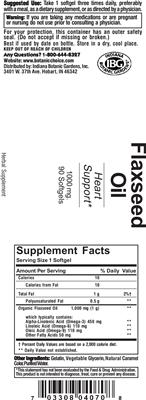 Photo of the Indiana Botanic Gardens Flaxseed Oil label