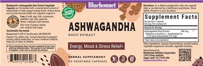 Photo of the Bluebonnet Ashwagandha Root Extract label