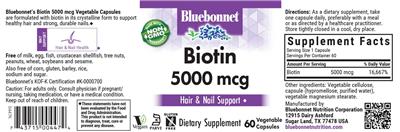 Photo of the Bluebonnet Biotin 5000 mcg label