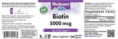 Photo of the Bluebonnet Biotin 5000 mcg label