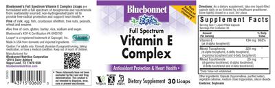 Photo of the Bluebonnet Full Spectrum Vitamin E Complex label