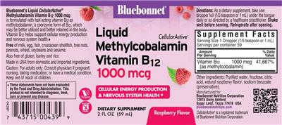 Photo of the Bluebonnet Liquid CellularActive Methylcobalamin Vitamin B12 1000 mcg Raspberry Flavor label