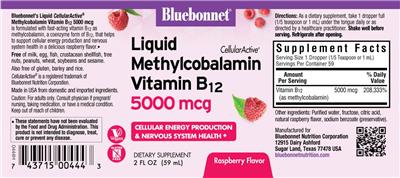 Photo of the Bluebonnet Liquid CellularActive Methylcobalamin Vitamin B12 5000 mcg Raspberry Flavor label