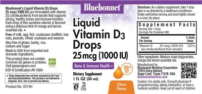 Liquid Vitamin D3 Drops 25 mcg (1000 IU) Citrus Flavor