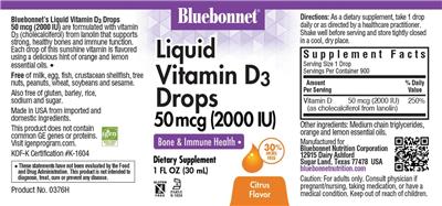 Photo of the Bluebonnet Liquid Vitamin D3 Drops 50 mcg (2000 IU) Citrus Flavor label