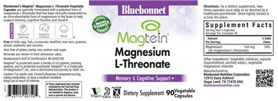 Photo of the Bluebonnet Magtein Magnesium L-Threonate label