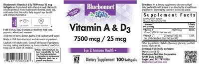 Photo of the Bluebonnet Vitamin A & D3 7500 mcg / 25 mcg label