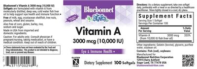 Photo of the Bluebonnet Vitamin A 3000 mcg (10,000 IU) label