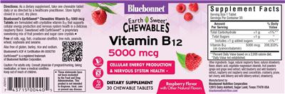 Photo of the Bluebonnet EarthSweet Chewables Vitamin B12 5000 mcg Raspberry Flavor label