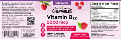 Photo of the Bluebonnet EarthSweet Chewables Vitamin B12 5000 mcg Raspberry Flavor label