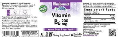 Photo of the Bluebonnet Vitamin B6 200 mg label
