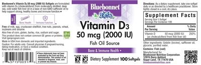 Photo of the Bluebonnet Vitamin D3 50 mcg (2000 IU) label