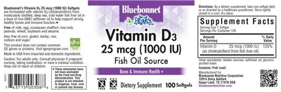 Photo of the Bluebonnet Vitamin D3 25 mcg (1000 IU) label