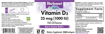 Photo of the Bluebonnet Vitamin D3 25 mcg (1000 IU) label