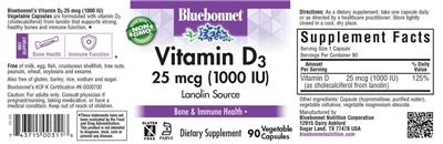 Photo of the Bluebonnet Vitamin D3 25 mcg (1000 IU) label