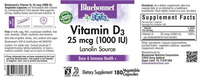 Photo of the Bluebonnet Vitamin D3 25 mcg (1000 IU) label