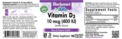 Photo of the Bluebonnet Vitamin D3 10 mcg (400 IU) label