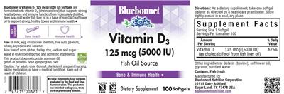 Photo of the Bluebonnet Vitamin D3 125 mcg (5000 IU) label