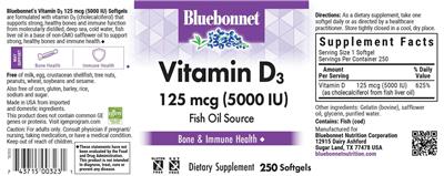 Photo of the Bluebonnet Vitamin D3 125 mcg (5000 IU) label