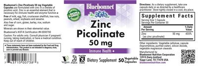Photo of the Bluebonnet Zinc Picolinate 50 mg label