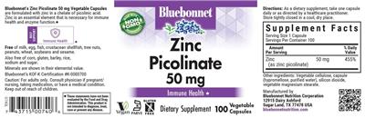 Photo of the Bluebonnet Zinc Picolinate 50 mg label