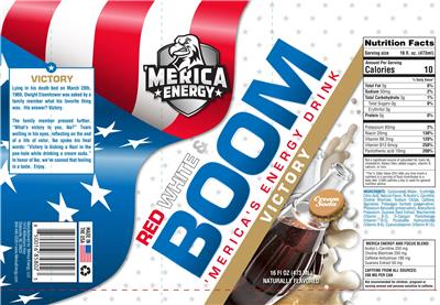 Photo of the Merica Labz Red White & Boom Energy Drink Victory Cream Soda label