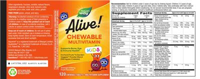 Photo of the Nature's Way Alive! Kids Chewable Multivitamin Orange & Berry Fruit Flavored label