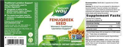Photo of the Nature's Way Fenugreek Seed 1,130 mg label